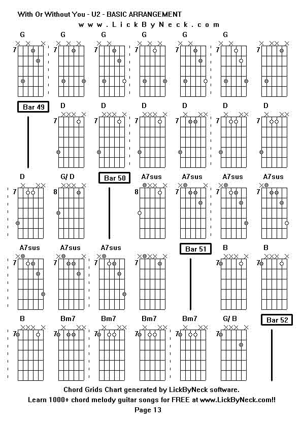 Chord Grids Chart of chord melody fingerstyle guitar song-With Or Without You - U2 - BASIC ARRANGEMENT,generated by LickByNeck software.